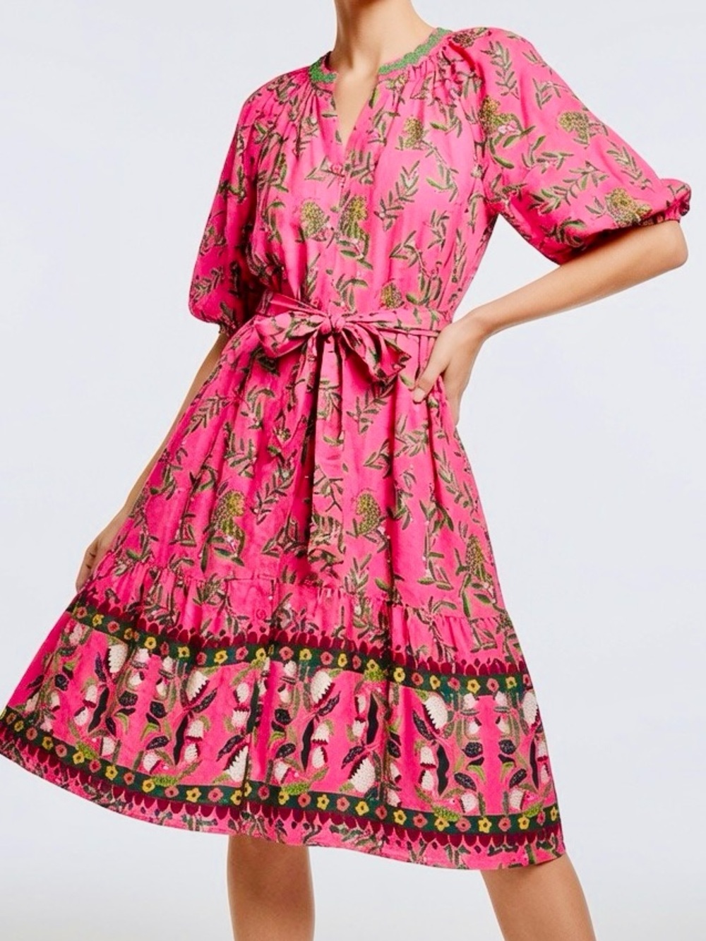 EMILY LOVELOCK Jungle Hot Pink Floral Leopard Tie-Waist Button Front Midi Dress